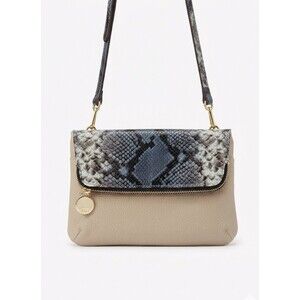 GILI Foldover Crossbody Bag Leather Snakeskin Embossed Neutral Beige Blue Gold